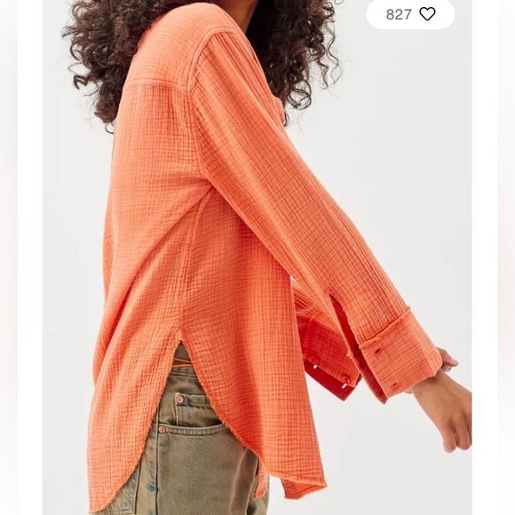 Urban Outfitters Lucy Textured Button-Down Shirt Lg Tangerine NWT - Picture 3 of 6
